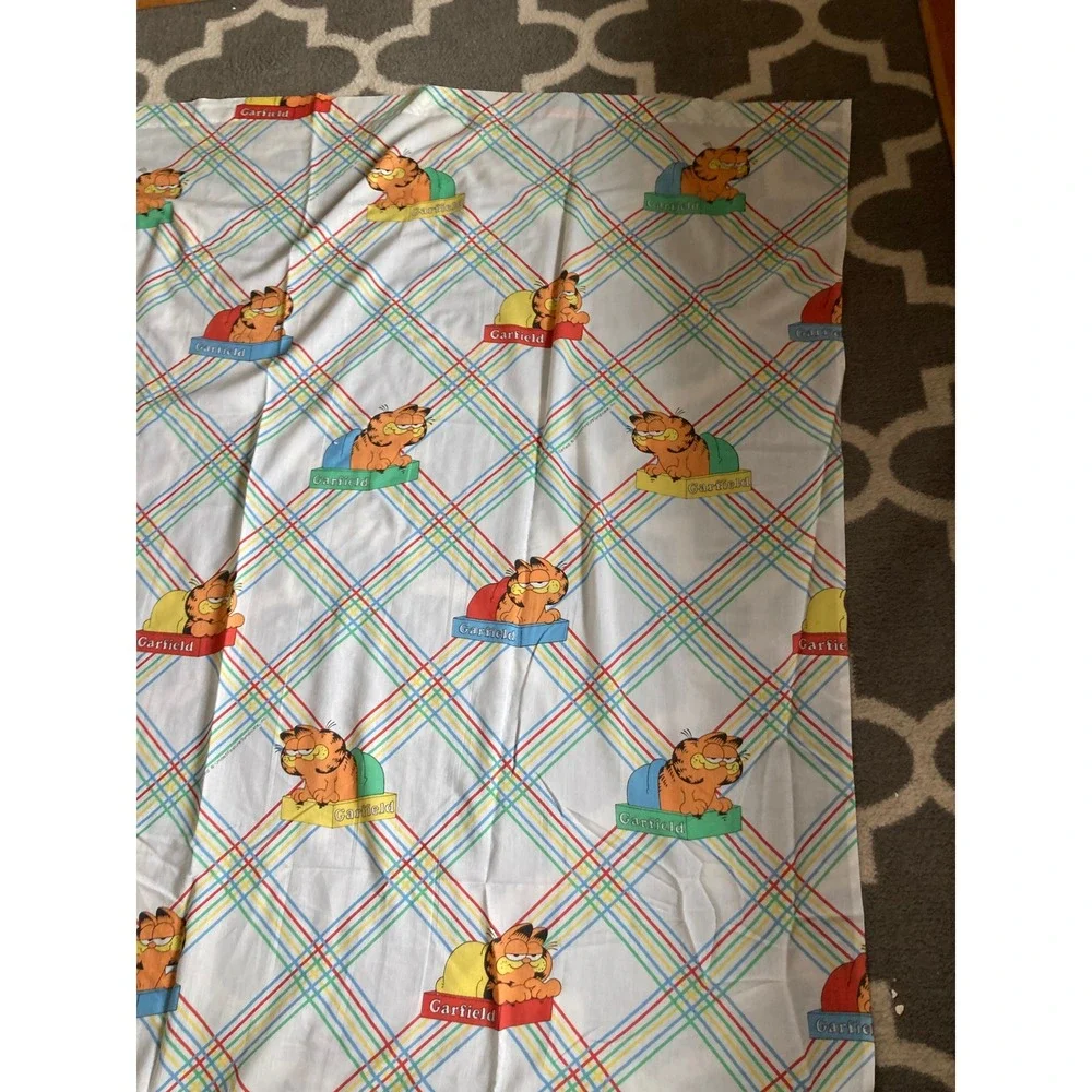 Vintage Garfield Cat Twin‎ Flat Sheet Marlborough Rainbow Plaid Stripe USA Read